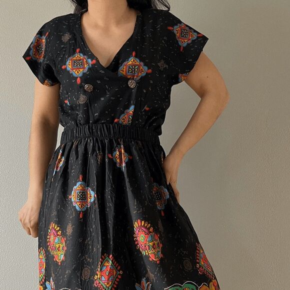 vtg 90s floral print skirt suit set multicolor‎ black vacation outfit boho small - Picture 5 of 9